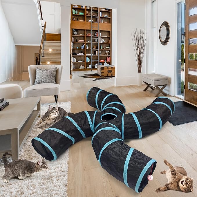 Bemodst Cat Tunnel for Indoor Cats, 2 Way/3 Way/4 Way/5 Way Cat Tubes and Tunnels Collapsible S-Shape Small Animal Tubes Kitty Tunnels Interactive Maze Cat Toy for Kitten Rabbit Ferret - 4 Way