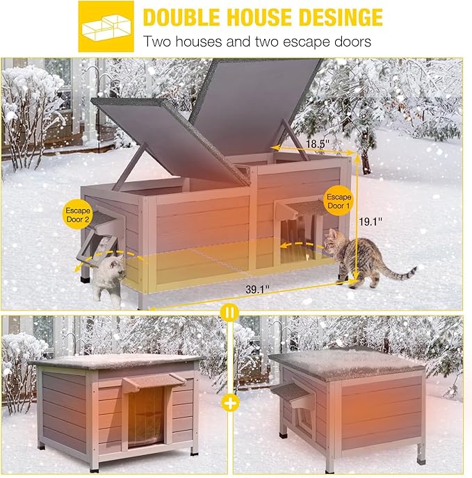 Aivituvin Heated Cat House for Outdoor Wooden Cat Condo Weatherproof Insulated Feral Cat Shelter Outside for Winter