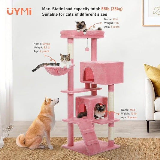 Pink Cat Tree for Indoor Cats, 2 Cozy Condos with Spacious Top Perch, 56.3-Inch Multi-Level Cat Tower with Scratching Posts, 2 Caves, Plush Hammock and Climbing Ramp