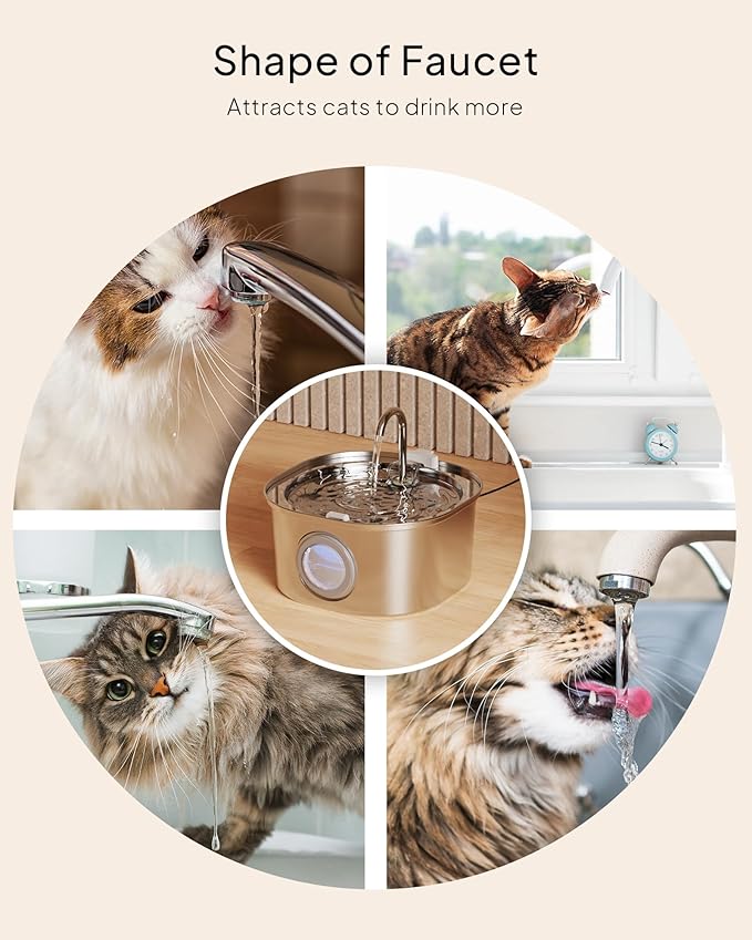 Cat Water Fountain, Pet Water Fountain for Cats/Dogs Indoor, Stainless Steel Cat Drinking Fountains with Water Level Window(3.2L/108oz)