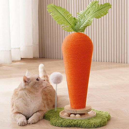 24'‘ H Cat Scratching Post Carrot with Catnip, Cute Cat Scratcher Post with Durable Natural Wooden Turntable Toy, Carrot Shape Design Cat Toy Cat Tree Sisal Scratcher for Indoor Cats (Cloud Base)