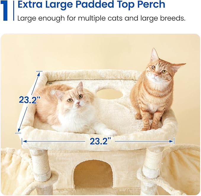 MWPO Extra Large Cat Tree, 77.6-Inch Tall Cat Tower for Indoor Cats with 2 Condos, Multi-Level Cat Stand for Large Cats, 3 Hammocks, Wide Perch, Scratching Posts, Dangling Toys, Beige