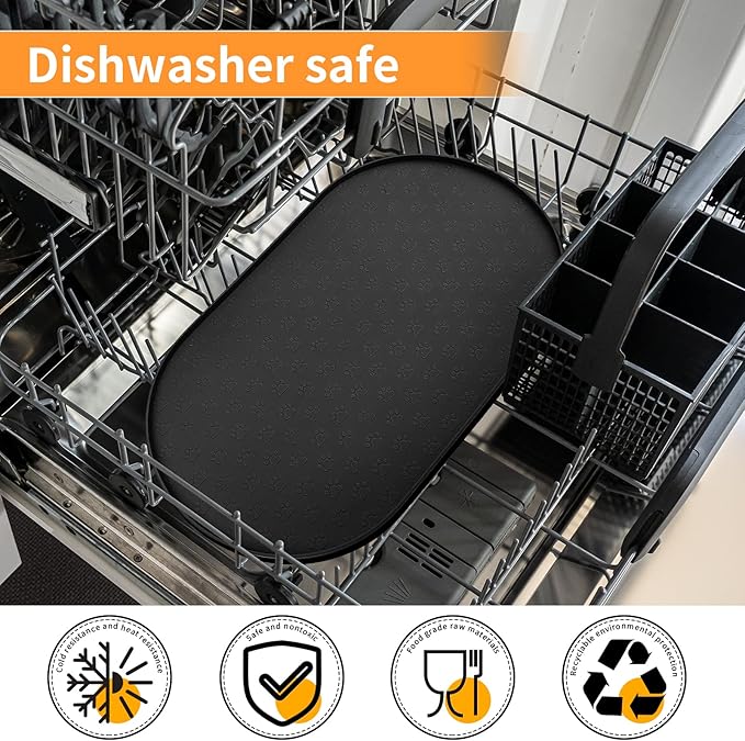 KPWACD Pet Placemat for Dog and Cat, Anti-Slip Waterproof Dogs Feeding Bowl Mat Prevent Food and Water Overflow, Silicone Puppy Dish Mats Suitable for Small Medium Big Pets, Black, 24" * 16"