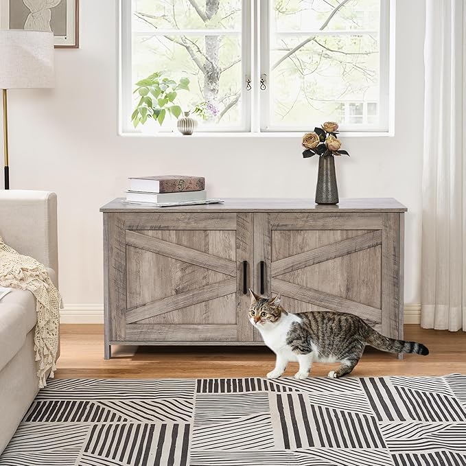 Homhedy 39.4" L Cat Litter Box Enclosure, Pet House with Barn Door, Wooden Cat Washroom Furniture, Fit Most of Litter Box, Greige