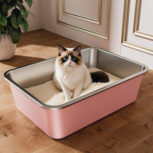 Stainless Steel Litter Box, Large Metal Cat Litter Box with High Sided for Big and Small Cats, Non-Stick, Easy to Clean, Odor-Free, 19.5" L×13.6" W×5.9" H, Blush Pink