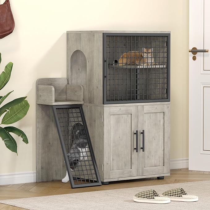 Cat Litter Box Furniture, Modern Cat Cabinet with Side Door, Double Layer Hidden Litter Box Enclosure & Pet House, Villa Style Cabinet with Side Door and Ladder for Indoor Cats