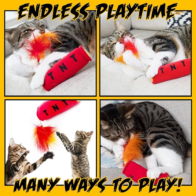 Cat Toy TNT, Cat Toys for Indoor Cats, Kitten Toys, Catnip Toys for Cats of All Breeds with Dangle Feathers and Jingle Sound - Kicking, Biting, Chewing