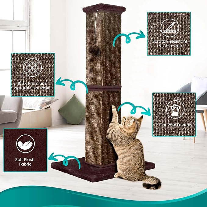 Cat Scratching Post 32 Inch for Indoor Large Cats and Kitten, Nature Sisal Tall Cat Scratch Post, Sisal Cat Scratcher Improve Cat's Scratching Habits and Protect Your Furniture, Full Brown