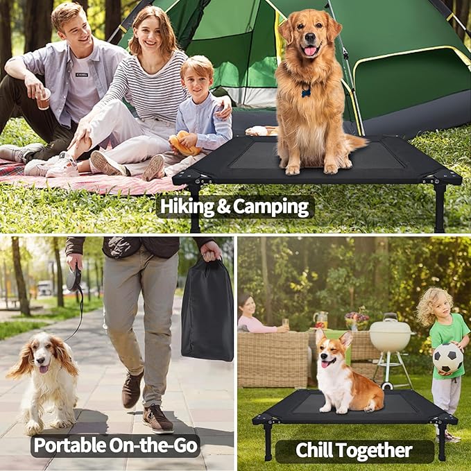 Pozico Elevated Outdoor Dog Bed - Foldable Cooling Dog Cot with Metal Frame, Portable Camping Pet Bed for Large & Medium Dogs, Breathable Mesh for Indoor & Outdoor Use, Black - XL