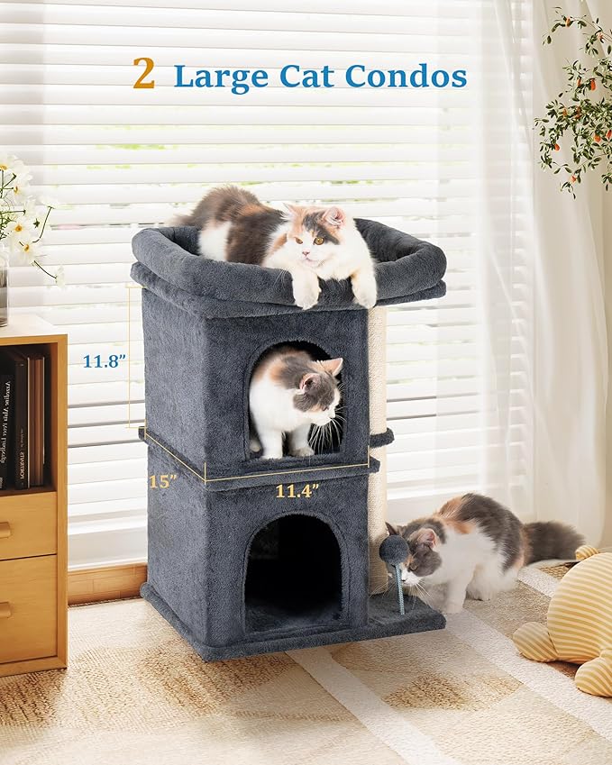 24in Cat Tree Tower with Scratching Post, 19 * 16.5in Window Perch for Large Cats, 2 Cat Condo Cubbies for Indoor Kittens, Dark Gray