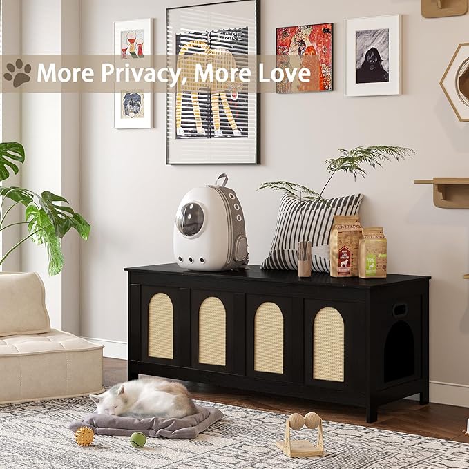 DINZI LVJ Cat Litter Box Enclosure, Flip Top Litter Box Furniture, Rattan-Like Hidden Cat Washroom, Wooden Pet House, End Side Table, 47.2"L x 18.7"W x 19.7"H, Easy to Assemble, Espresso with Rattan