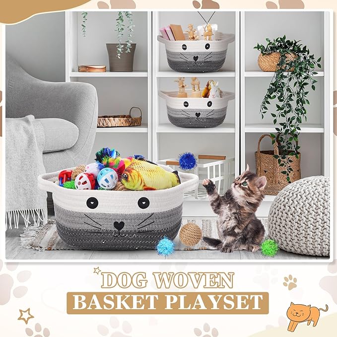 Zopeal 58 Pcs Cat Storage Basket Gift Toys Set, Colorful Flashing Balls Pet Bell Crinkle Balls Spring Toys Attract Cat to Swat, Bite, Hunt, Interactive for Pet(Multicolor,9.8 Inch)