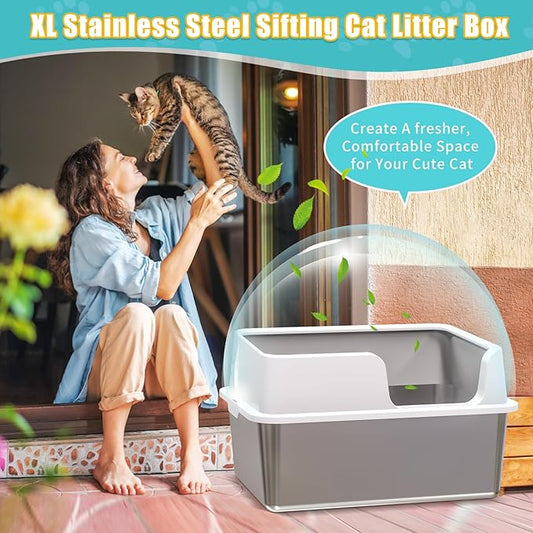 XL Stainless Steel Sifting Cat Litter Box with 6'' Sifting Box & 8'' Bottom Pan, Sifting Cat Litter Pan High Side, No Mess, Nnti-Odor, Easy to Clean, Metal Cat Litter Box with Metal Scooper & Liners