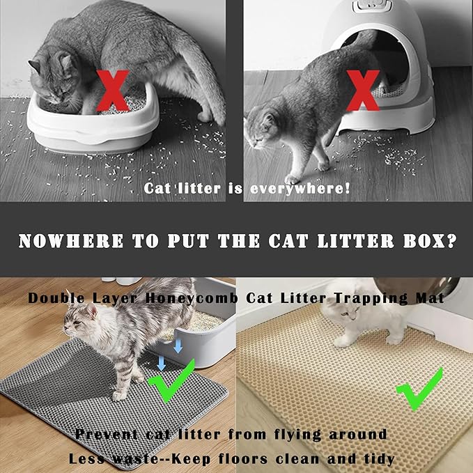 HCY&WLD 2-Pack Cat Litter Mat, Double Layer Honeycomb Waterproof Urine Proof Non-Slip Litter Trapping Mat, Less Waste, Easy to Clean Cat Litter Box Mat, Kitty Indoor Supplies (Gray, 30x22 Inches)
