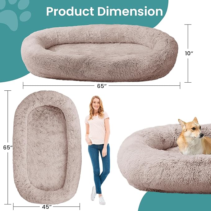 JOLLYVOGUE Human Dog Bed for Adults and Pets, Ultra-Soft Plush Giant Dog Bed with Egg Crate Foam, Non-Slip Base, and Machine Washable Cover - Ideal for Relaxation and Napping, Brown