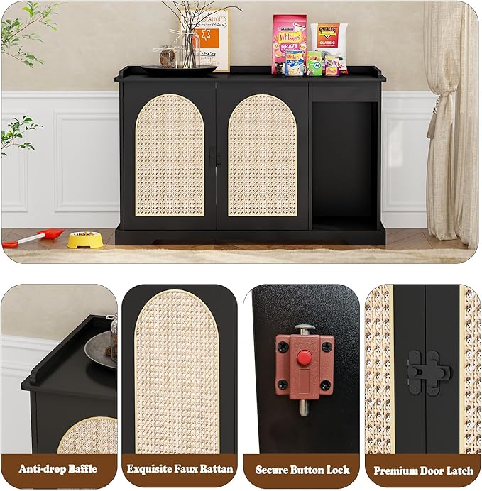 Large/Tall Cat Litter Box Enclosure, Hidden Litter Box with Convenient Entrance Large Shelf, Farmhouse Enclosed Litter Box Cabinet Rattan Cat House for Living Room Entryway (Black)