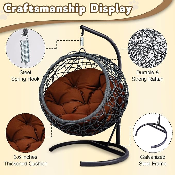KEIKI Cat Hammock with Stand - Rattan Wicker Swing Bed, Cozy Egg Chair for Cats & Small Dogs, Brown Cushion Included