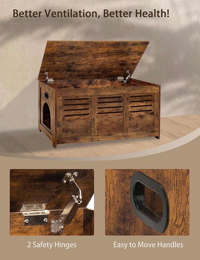 DINZI LVJ Litter Box Enclosure, Flip Top Litter Box Furniture, Hidden Cat Washroom, Wooden Cat House, End Table, 39.4" L x 19.7" W x 19.7" H, Good Ventilation, Easy to Assemble, Rustic Brown