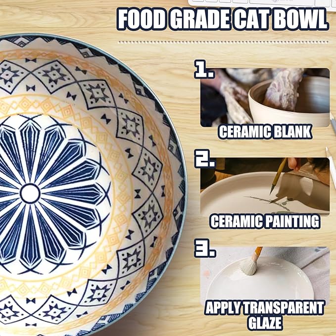 3Pcs Ceramic Cat Food Bowls, 5.5 Inches with Nonslip Silicone Bottom, Anti Whisker Fatigue Plates for Indoor Kittens, Wide Shallow Dishes for Dry and Wet Food