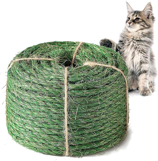 Green Cat Sisal Rope 6mm,JSPYFITS 1/4 inch Premium Durable Unoiled Sisal Twine for Repairing, Recovering or DIY Scratcher, Twisted Fiber Hemp Rope for Cat Tree and Tower (30M/98FT)