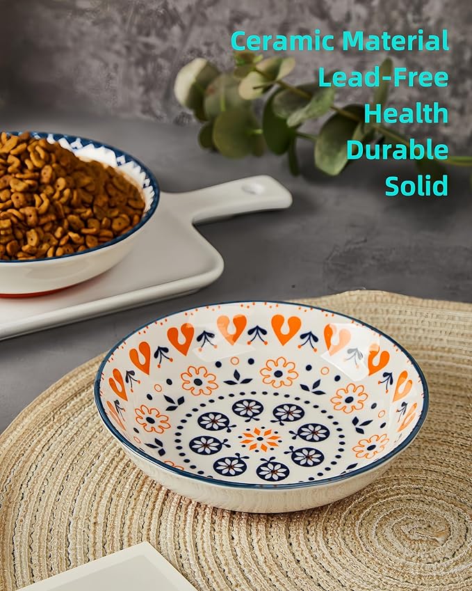 3-Pack Ceramic Cat Food Bowl, Non-Slip Whisker Fatigue Cats Bowl, 5.5” Shallow Dish for Food, Boho Flat Kitten Bowls, Small Kitten Plates for Indoor Cats with Silicone Bottom