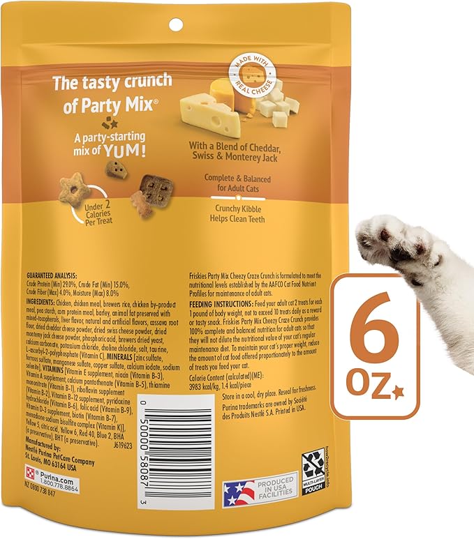 Purina Friskies Cat Treats, Party Mix Cheezy Craze Crunch - (Pack of 6) 6 oz. Pouches