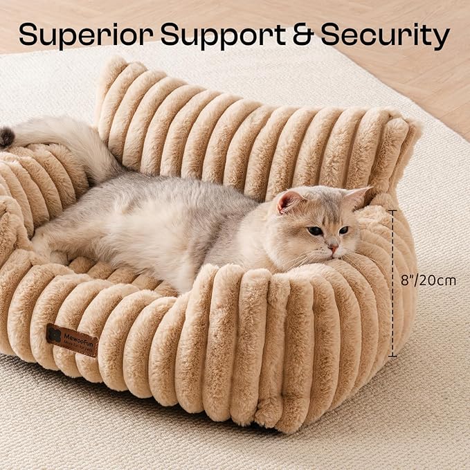 MEWOOFUN Cat Beds for Indoor Cats, Fluffy Cat Couch with Removable Washable Cover, Supportive Small Dog Beds for Puppy & Kitten up to 15 lbs (Camel, 24x19x12)