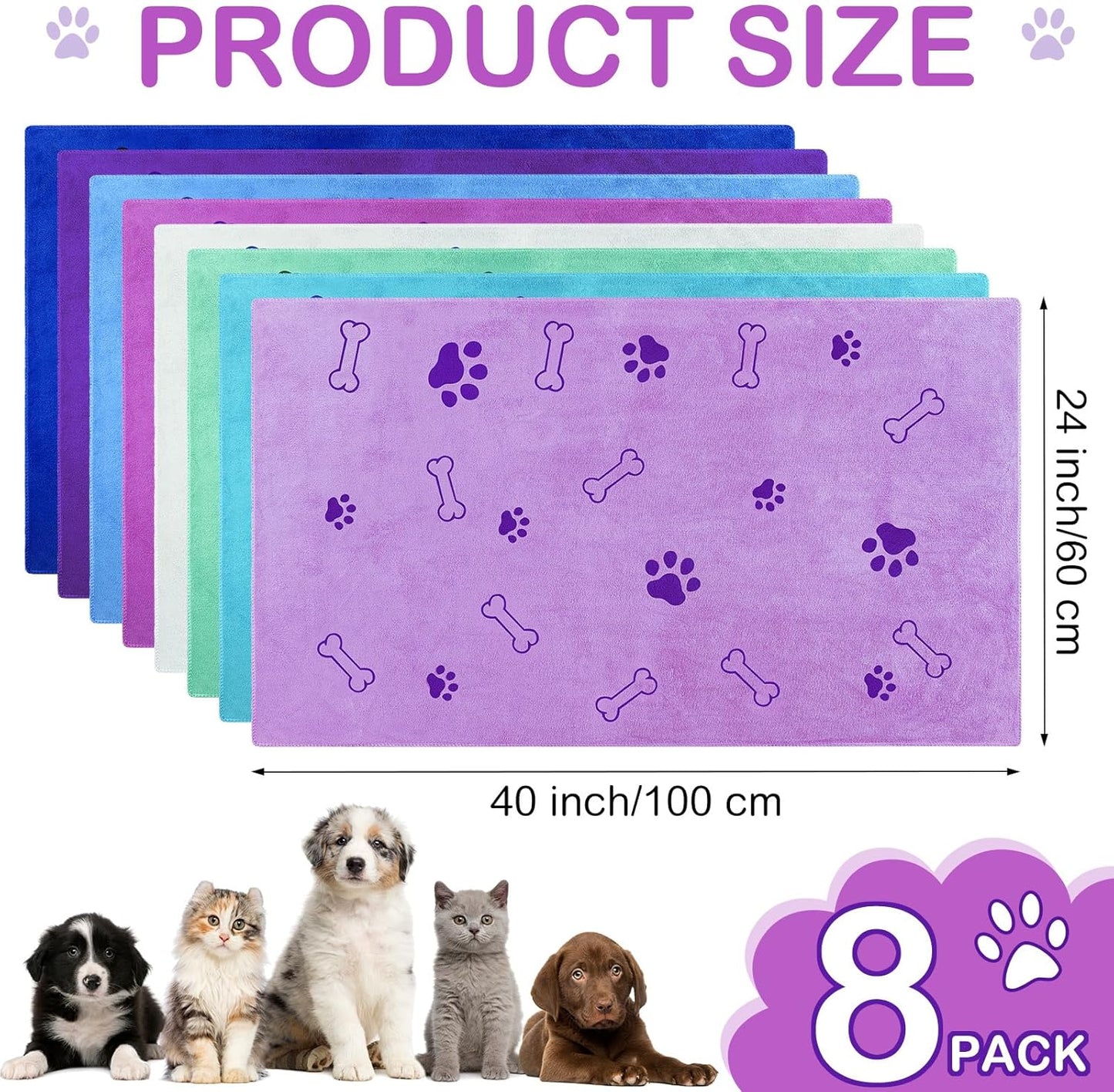 Chumia 8 Pcs Dog Towels for Drying Dogs Cats Pet Towels Bulk Puppy Microfiber Quick Drying Paw Bath Bathing Supplies Absorbent for Medium Pets(Classic Color,40 x 24 Inch)