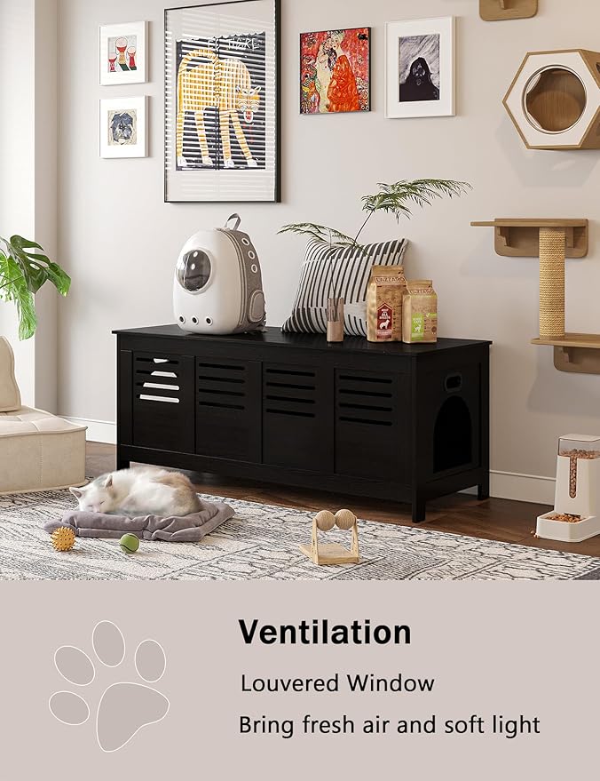 DINZI LVJ Litter Box Enclosure Furniture for 2 Cats, Top Opening Hidden Litter Box with Double Rooms, Dual Cat House with Good Ventilation, 47.2" Wooden Cat Washroom, Espresso