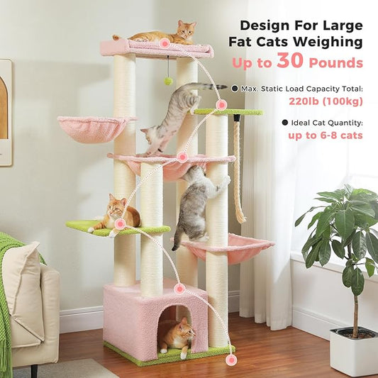 Pink Cat Tree for Large Cats 20 lbs, 67-Inch Tall Heavy Duty Cat Tower with 13 Thick Sisal Scratching Posts (φ4.3), Maine Coon Cat Tree for Indoor Cats, 2 Platforms, 3 Hammocks, Perch, Condo