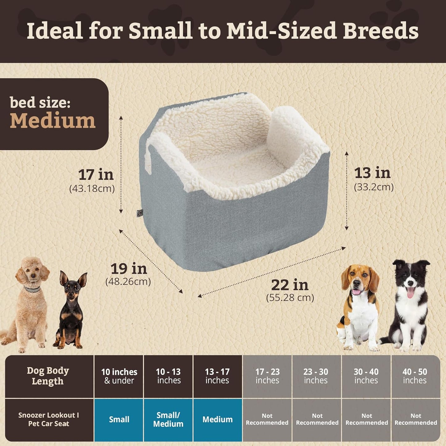 Snoozer Lookout I Dog Car Seat - Small Dog and Puppy Car Seat, Booster Bed for Small & Medium Size Pets up to 25 Lbs, Sherpa Lining, Elevated, Washable, Safe for Travel - Medium, Stone Diamond