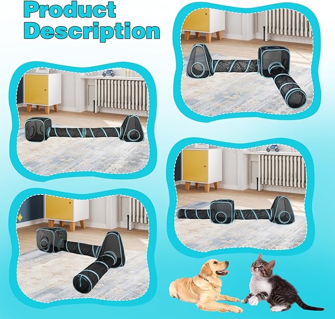 9.45FT Outdoor Cat Enclosures Portable Cat Playhouse, Pop Up Cats Tent with 33.86x 11.81IN Double Kitty Tunnels DIY in Multiple Ways, Cats Playpen Play Tents for Rabbits and Small Animals