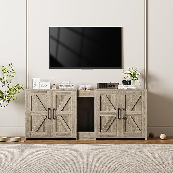 Litter Box Enclosure for 2 Cats, Hidden Litter Box Furniture with Double Rooms, Cat Bed, PVC Pad and Scratch Pad, Grey