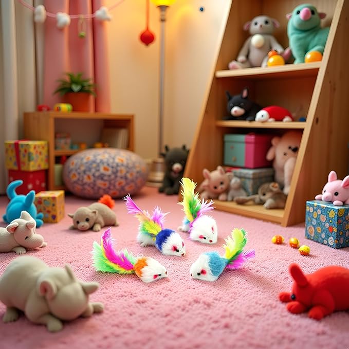 10 Pcs Colorful Soft Fleece False Mouse Cat Toys Colorful Feather Funny Playing Mice Toy Xmas Gifts