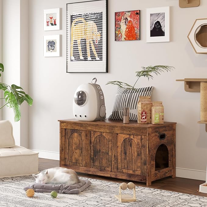 DINZI LVJ Cat Litter Box Enclosure, Flip Top Litter Box Furniture, Farmhouse Hidden Cat Washroom, Wooden Pet House, End Side Table, 39.4"L x 19.7"W x 19.7"H, Sturdy and Easy to Assemble, Rustic Brown