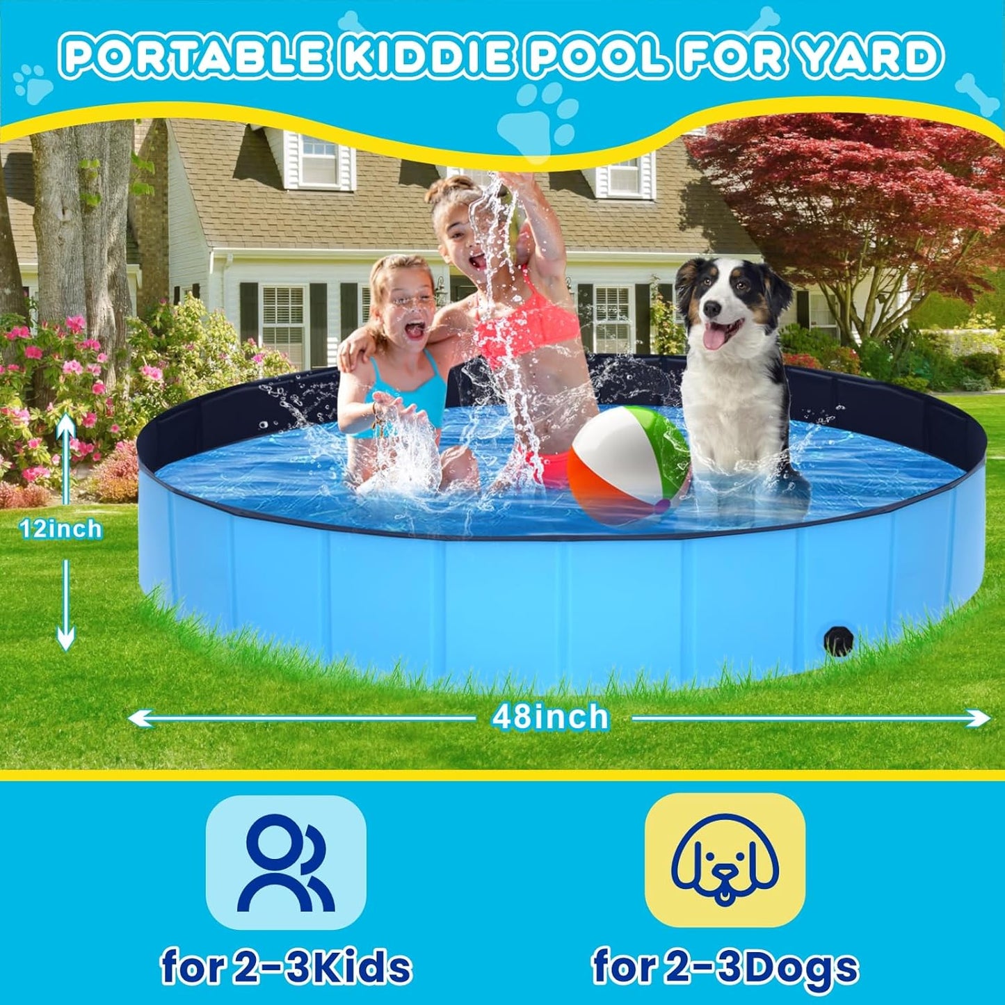 Foldable Dog Pool - 48" x 12" Anti-Slip Portable Dog Swimming Pool, Hard Plastic Collapsible Kiddie Pool for Outdoor and Indoor for Pets Dogs Cats and Kids