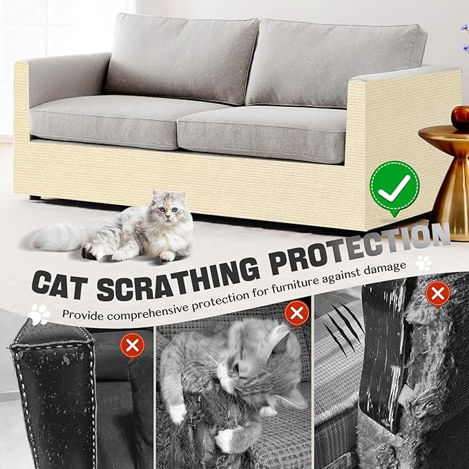 Cat Scratch Couch Furniture Protector, Adhesive Cat Scratch Pad Deterrent for Furniture, Cat Wall Climbing Carpet Scratcher Couch Protector from Cats Claws Scratching Indoor (OffWhite,39.3x15.8In)