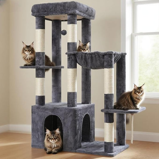 Heybly Heavy Duty Cat Tree, Tower for Indoor Cats Large Adult, Tall Cat Condo House with Extra-Large Baseboard, Multi-Level Plush Furniture with Scratching Posts, Hammock, Toy Ball, Smoky Gray HCT026G
