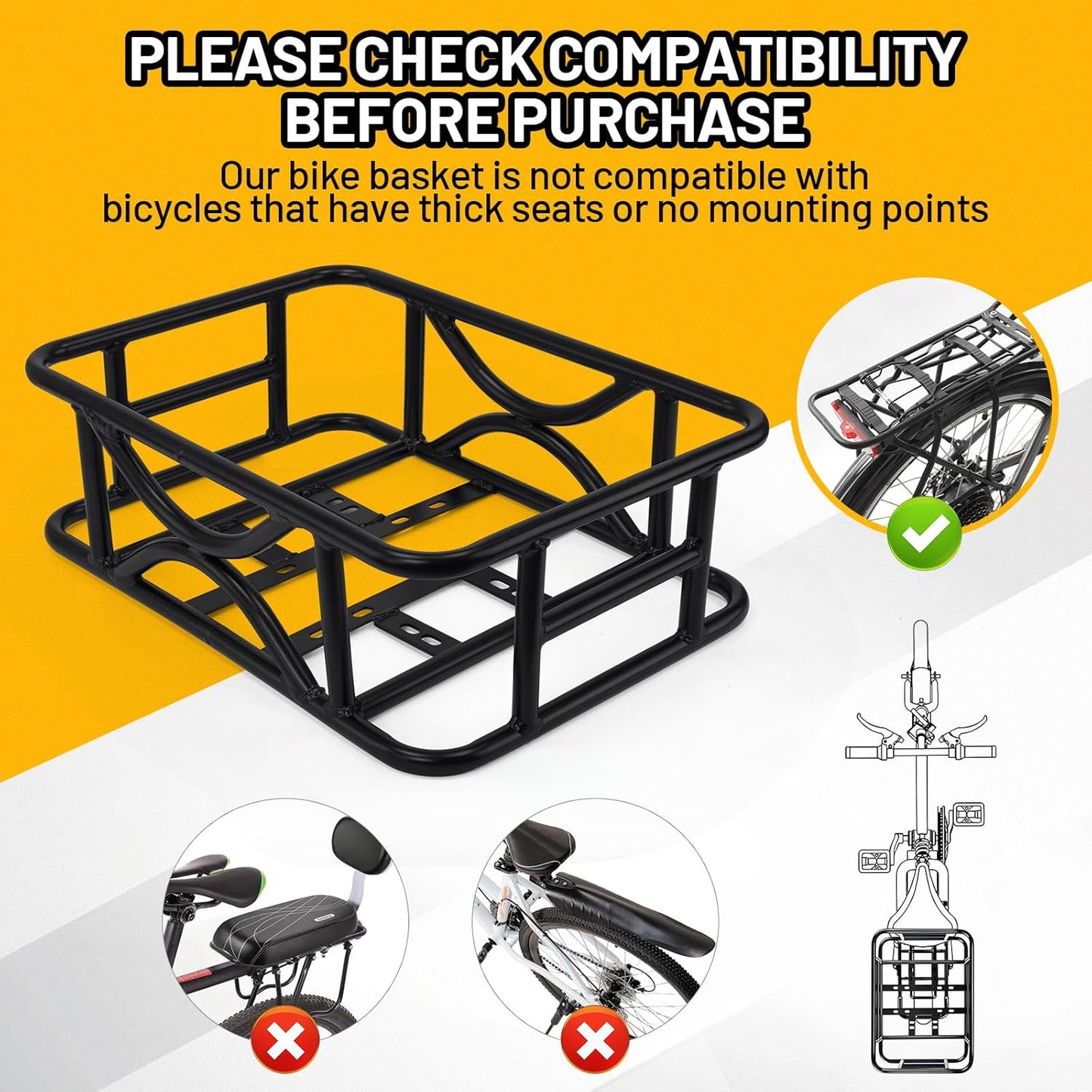 Heavy Duty Rear Bike Basket for Adults, Bicycle Cargo Basket with Removable Liner, Waterproof Cover & Cargo Net, Universal Fit for E-Bike, Mountain Bike, Dog Carrier