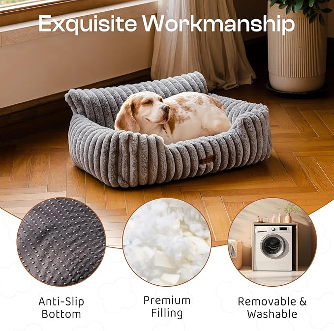 MEWOOFUN Dog Couch Bed, Fluffy Small Dog Bed with Removable Washable Cover, Supportive Cat Couch for Cats & Dogs up to 25 lbs (Grey, 30x21x12)