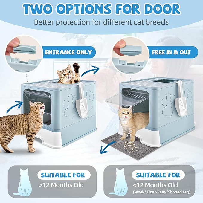 Cat Litter Box with Litter Mat, Foldable Extra Large Free in and Out/One-Way with Lid, Drawer Type Enclosed Kitty Litter Box,Odor Control Anti-Splashing Easy Cleaning (Blue)
