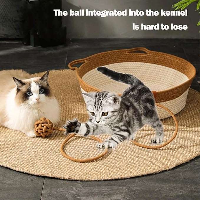 Cutypet Cat Basket, Cuty Pet Basket, Handwoven Cotton Rope Cat Bed, cat Scratch Bed with Built-in Teasing Ball, Breathable & Easy to Clean and Detachable Pad (Gray with Cushion, Medium)