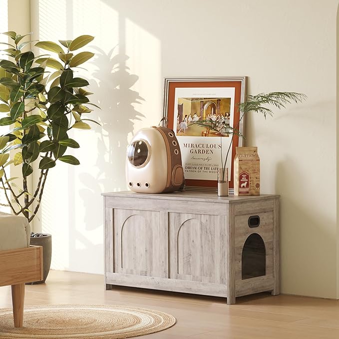 DINZI LVJ Cat Litter Box Enclosure, Flip Top Litter Box Furniture, Farmhouse Hidden Cat Washroom, Wooden Pet House, End Side Table, 31.5" L x 19.7" W x 19.7" H, Sturdy and Easy to Assemble, Greige