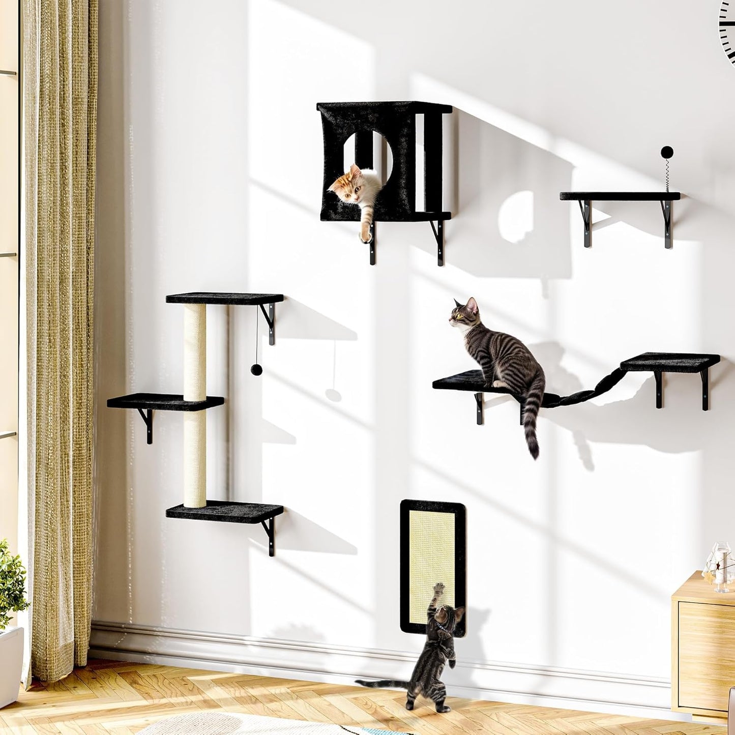 NUNU LAB Cat Wall Shelves, 10-in-1 Wall-Mounted Cat Furniture Set, Large Cat Climber Set with House, Bridge, Steps, Scratcher, DIY Playground, Shelves for Indoor Wall Furniture Set - Black