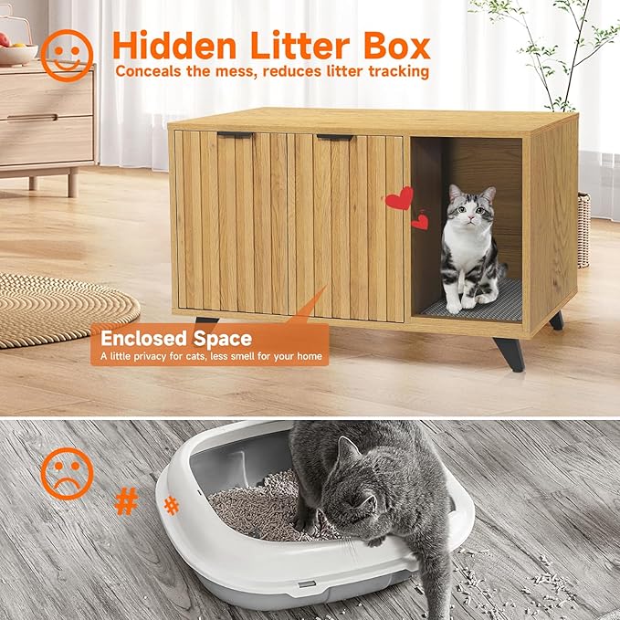 Cat Litter Box Enclosure, Modern Cat Litter Box Furniture Hidden, with Scratching Pad, 4 Metal Legs, Cat House, Natural Oak