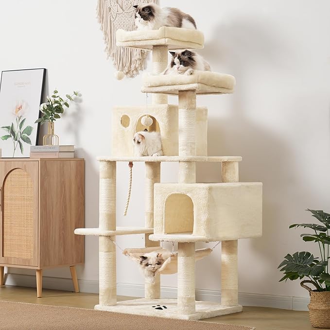 Hey-brother Large Multi-Level Cat Tree Condo Furniture with Sisal-Covered Scratching Posts, 2 Bigger Plush Condos, Perch Hammock for Kittens, Cats and Pets Beige MPJ020M