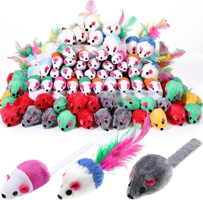 Sosation 100 Pcs Fur Cat Mouse Toys Assorted Interactive Cat Toys Rattle Sound Mice for Kitten Catch Play Indoor Interactive