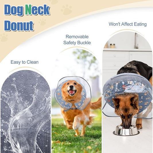 Inflatable Dog Cone Collar, Adjustable Size Soft PVC 2-in-1 Dog Donut Collar After Surgery with Detachable, Inflatable Collar for Small Medium Large Dogs and Cats (Grey, L)