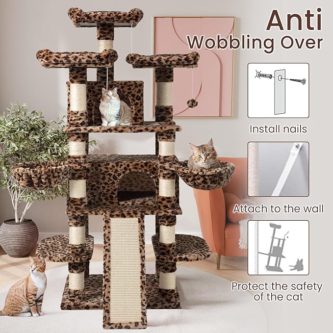 SHA CERLIN 68 Inches Multi-Level Large Cat Tree for Large Kitties/Big Cat Tower with Condo/Cozy Plush ‌Pussycat Perches/Sisal Scratching Posts and Hammocks/Activity Center/Leopard Print