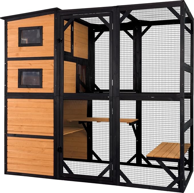 Aivituvin Large Cat Catio 4 Tiers Cat Enclosures House for Outdoor Indoor Cats with Weatherproof Roof, 3 Resting Rooms, 3 Platforms, 5 Windows 70" H 77" L